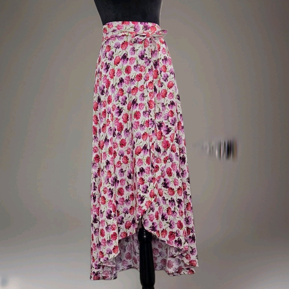Zara Pink Floral Wrap Midi Skirt Rose Print Tie Waist Size XS Flowy Resortwear - Picture 6 of 11